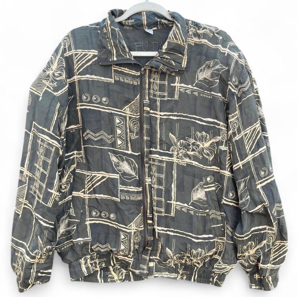 Vintage Fu Da International 100% Silk Bomber Jacket - Abstract Geometric Print